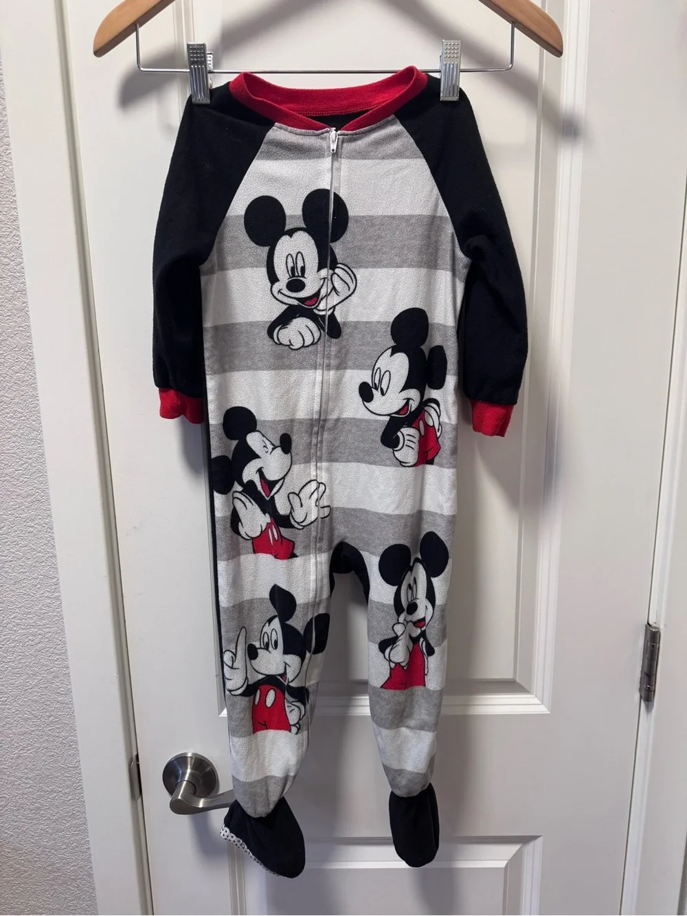 Disney Red & Black Mickey Mouse Stripe Footed Pajama Set